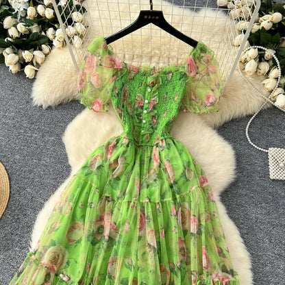 Elegant French Vintage Short Puff Sleeve Chiffon Dresses