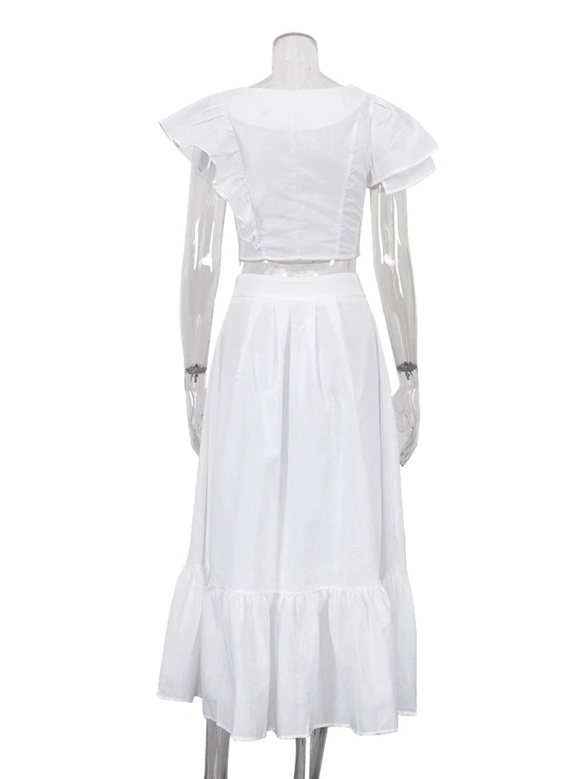 Elegant White Linen Set with Ruffle Crop Top and Skirt
