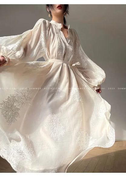 French Elegant Lantern Sleeve Embroidery Midi Dress
