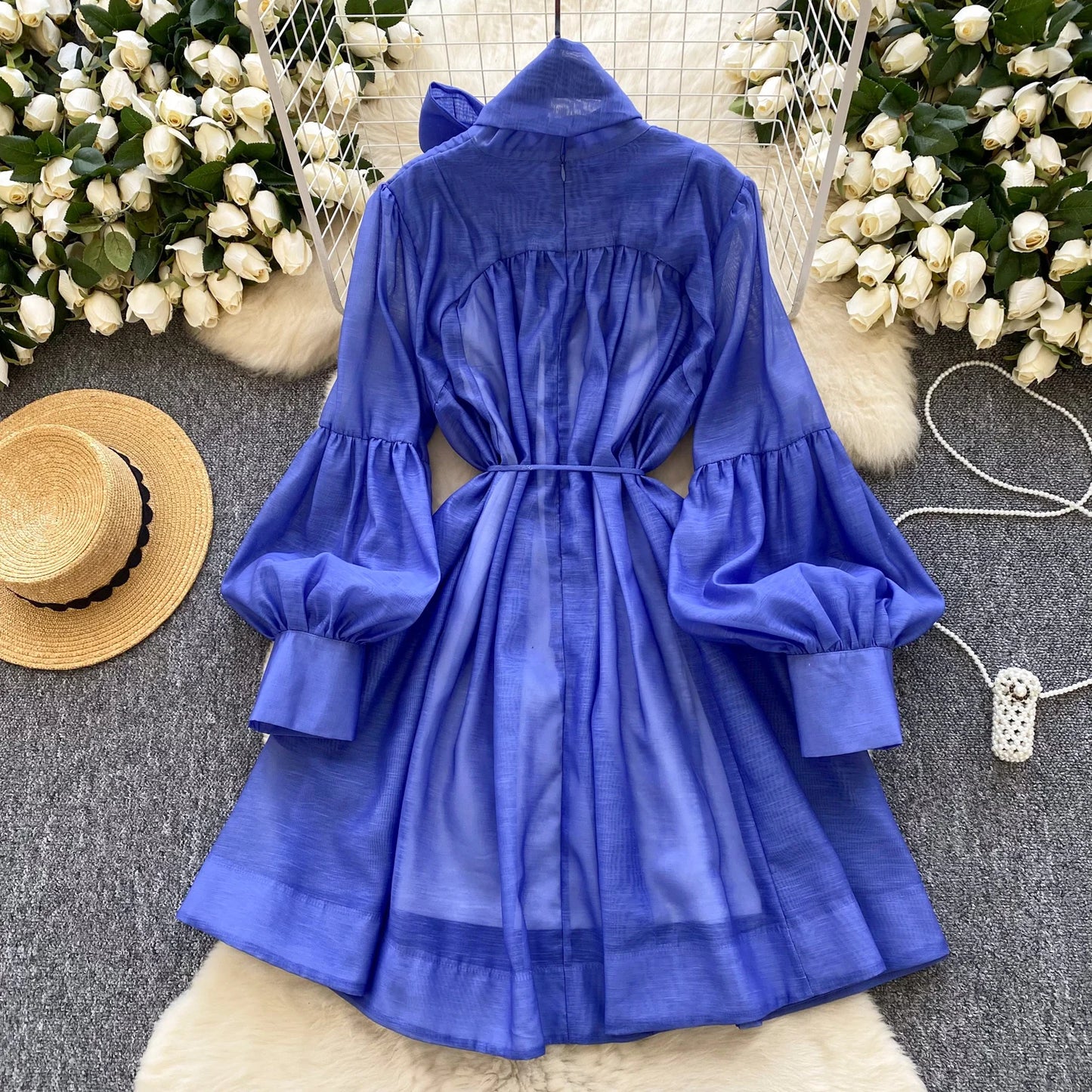 Elegant Butterfly Bow Bandage Vintage Lace-up Chic Lantern Sleeves Slim Long Dresses Evening High Street Autumn Winter Clothing