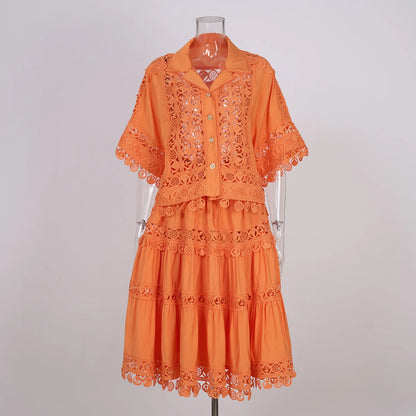 Chic Cotton Hollow Out 2-Piece Top and Skirt