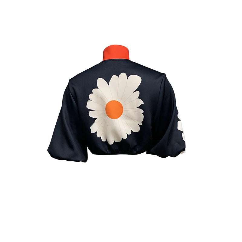 Turtleneck Short Jacket Stylish Flower Print Zipper Jackets