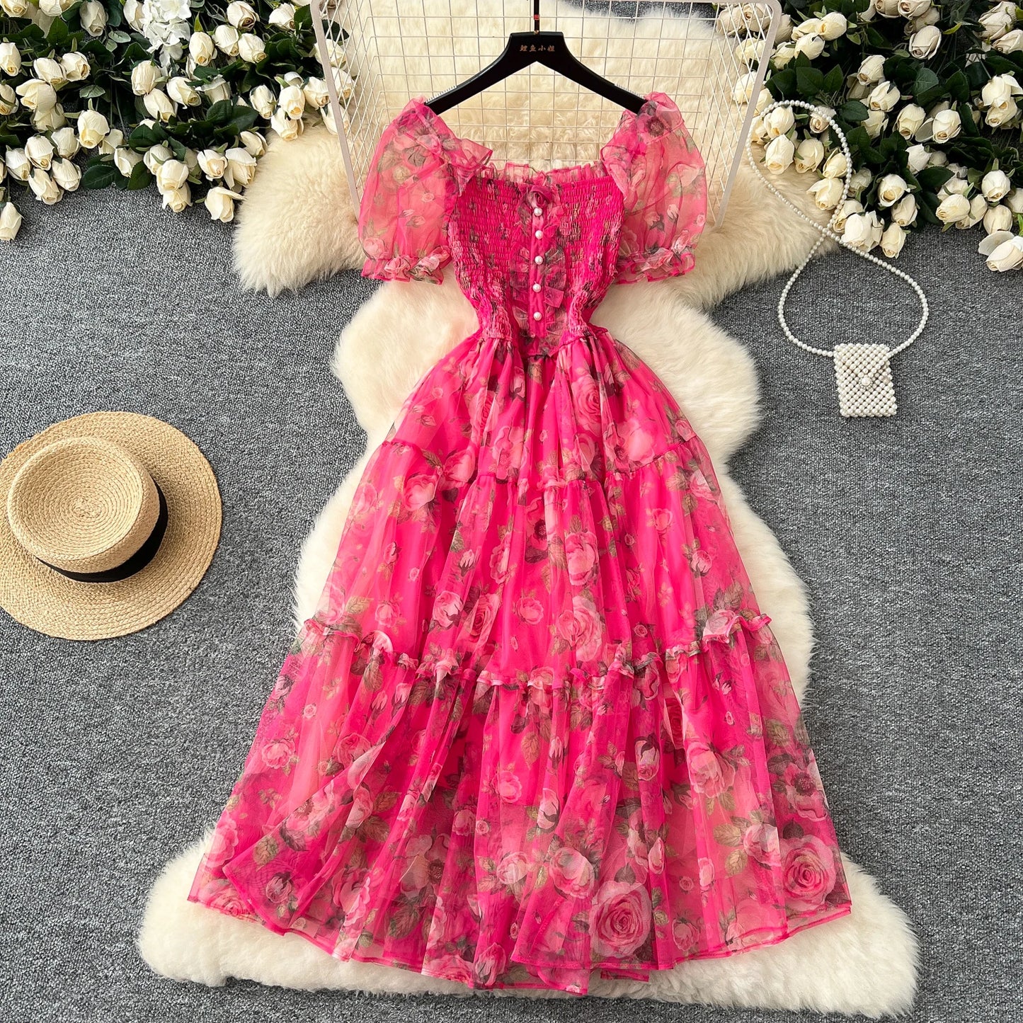 Elegant French Vintage Short Puff Sleeve Chiffon Dresses