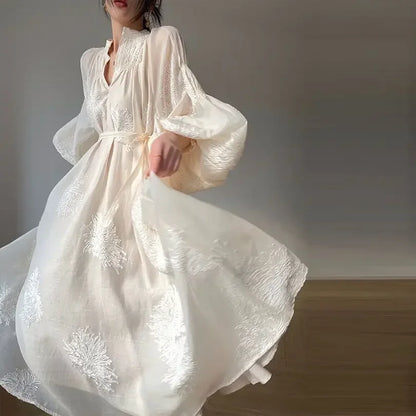 French Elegant Lantern Sleeve Embroidery Midi Dress