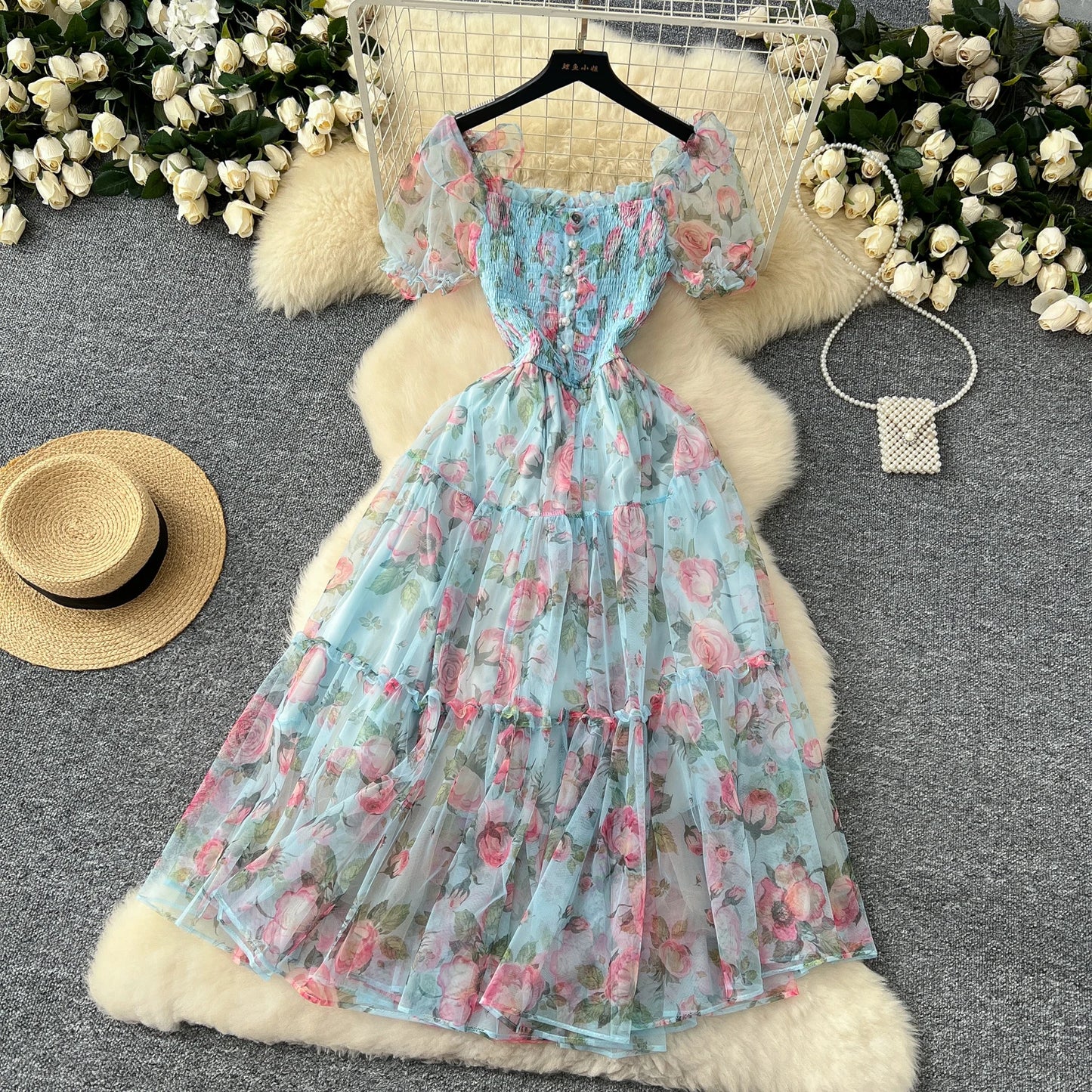 Elegant French Vintage Short Puff Sleeve Chiffon Dresses