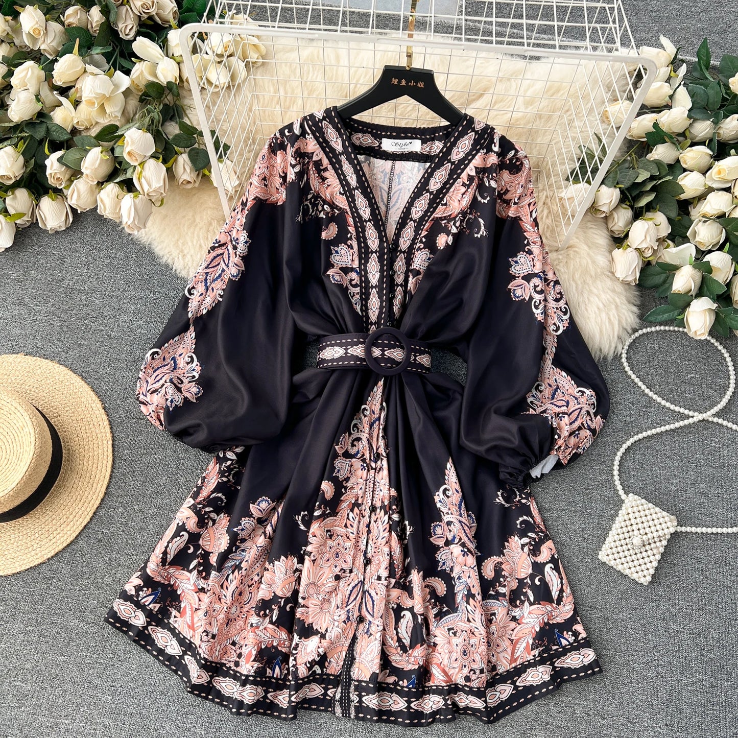 Vintage Print Elegant Lantern Long Sleeve Dress