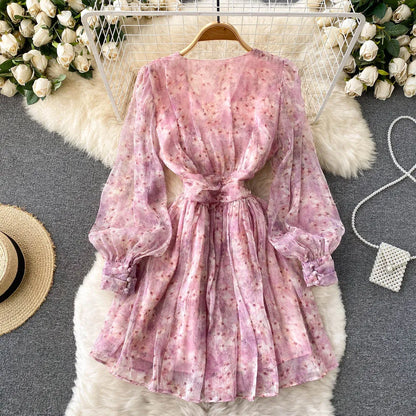 Vintage Floral Print Pleated Chiffon Puff Sleeve Dress