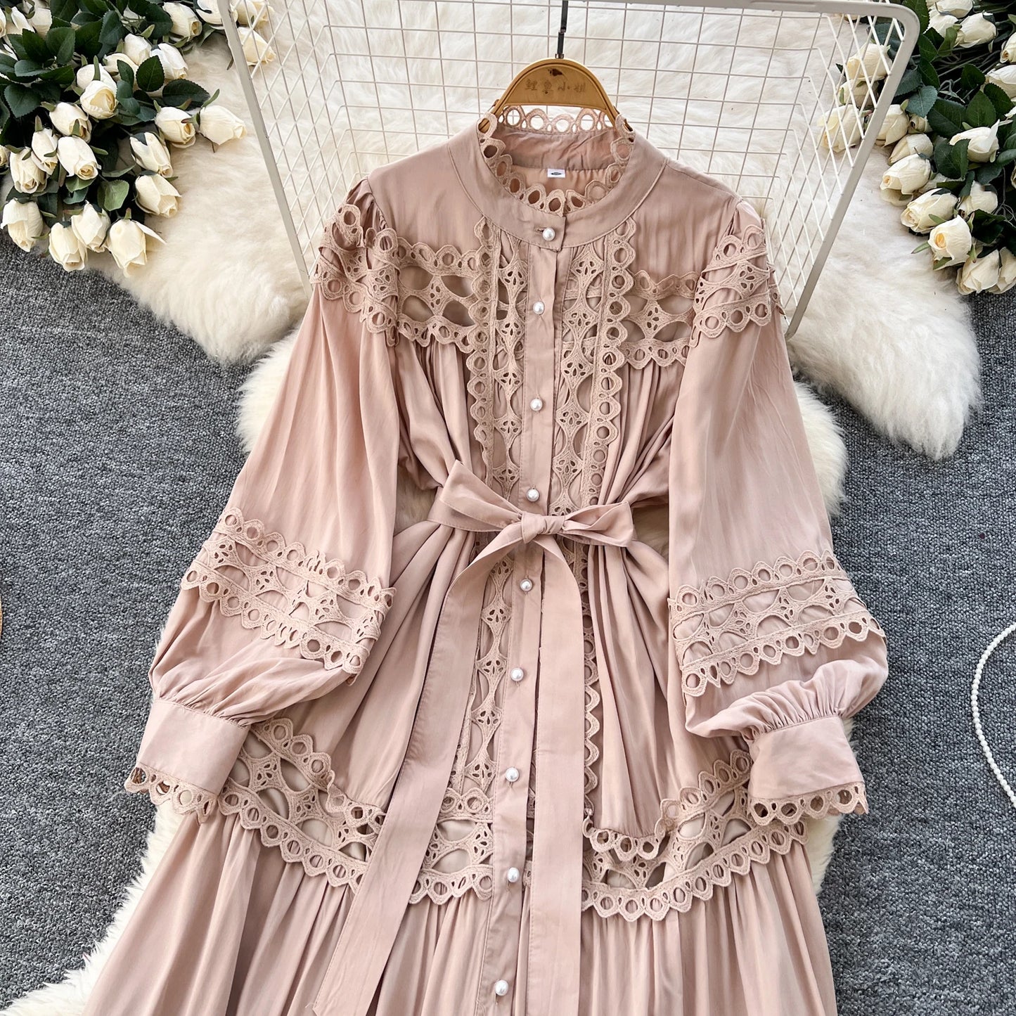 Elegant Hollow Out Hook Flower Lantern Sleeves Dresses