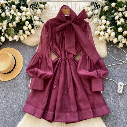 Elegant Butterfly Bow Bandage Vintage Lace-up Chic Lantern Sleeves Slim Long Dresses Evening High Street Autumn Winter Clothing