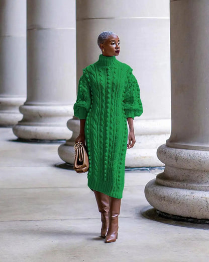 Fashionable turtleneck dress paired with boots
