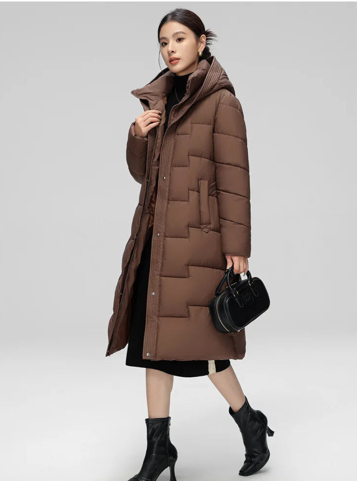 Model showing the comfortable fit of the long winter coat.