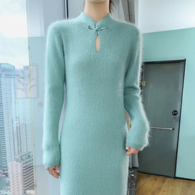 Soft mink cashmere dress perfect for a cocktail party.
