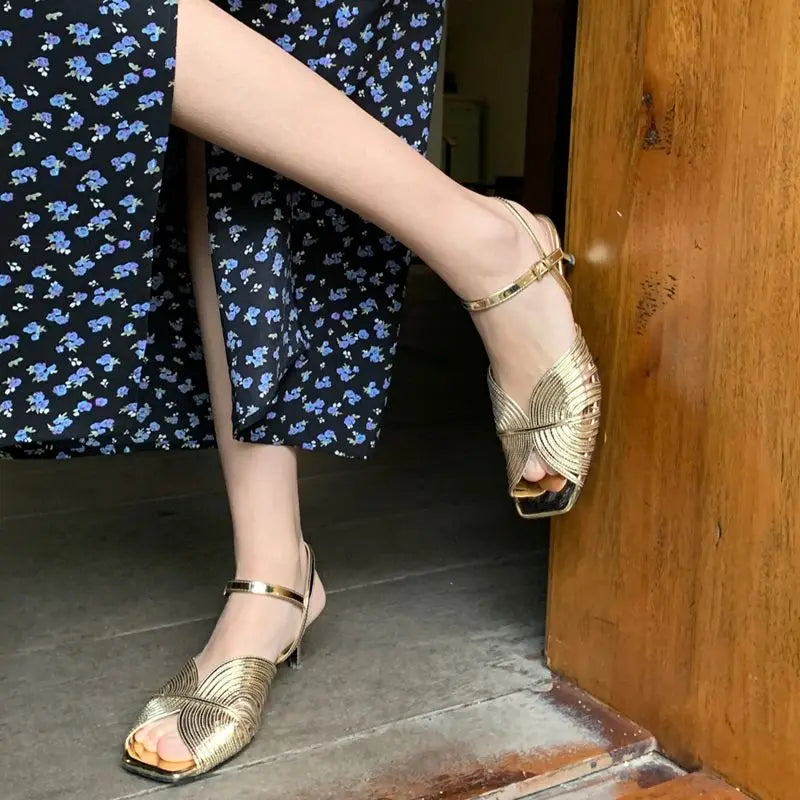 Summer Gold Open Toe Flats with Low Heel