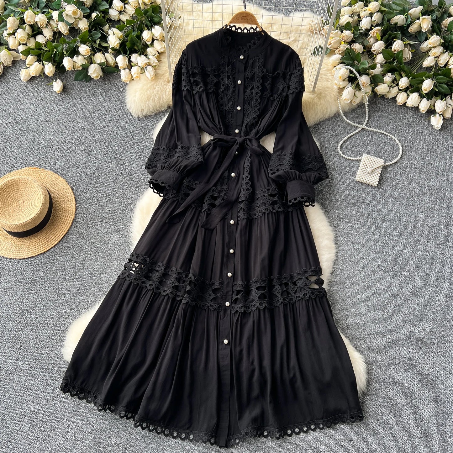 Elegant Hollow Out Hook Flower Lantern Sleeves Dresses