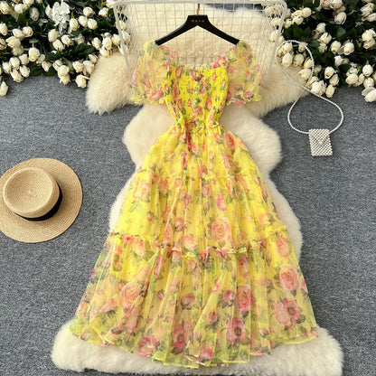 Elegant French Vintage Short Puff Sleeve Chiffon Dresses