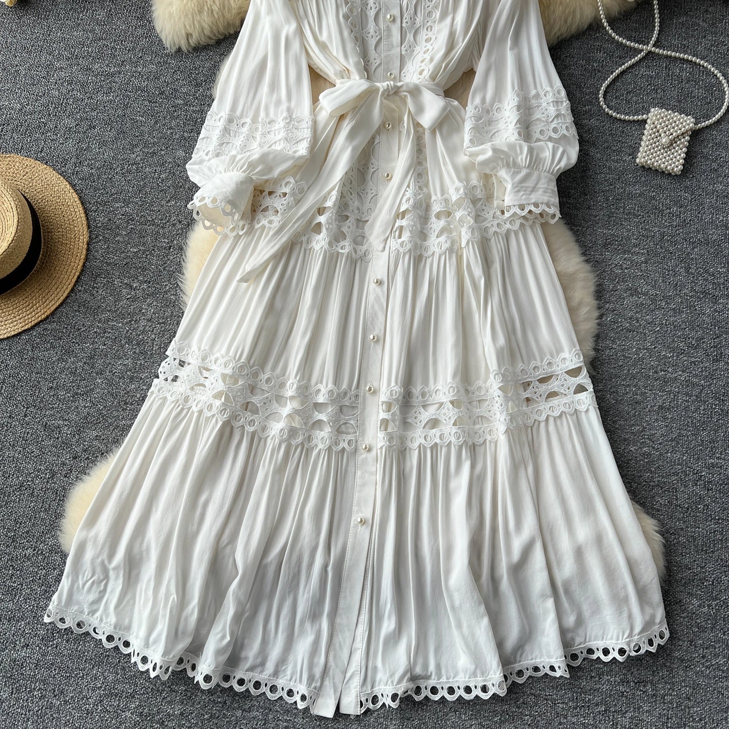 Elegant Hollow Out Hook Flower Lantern Sleeves Dresses