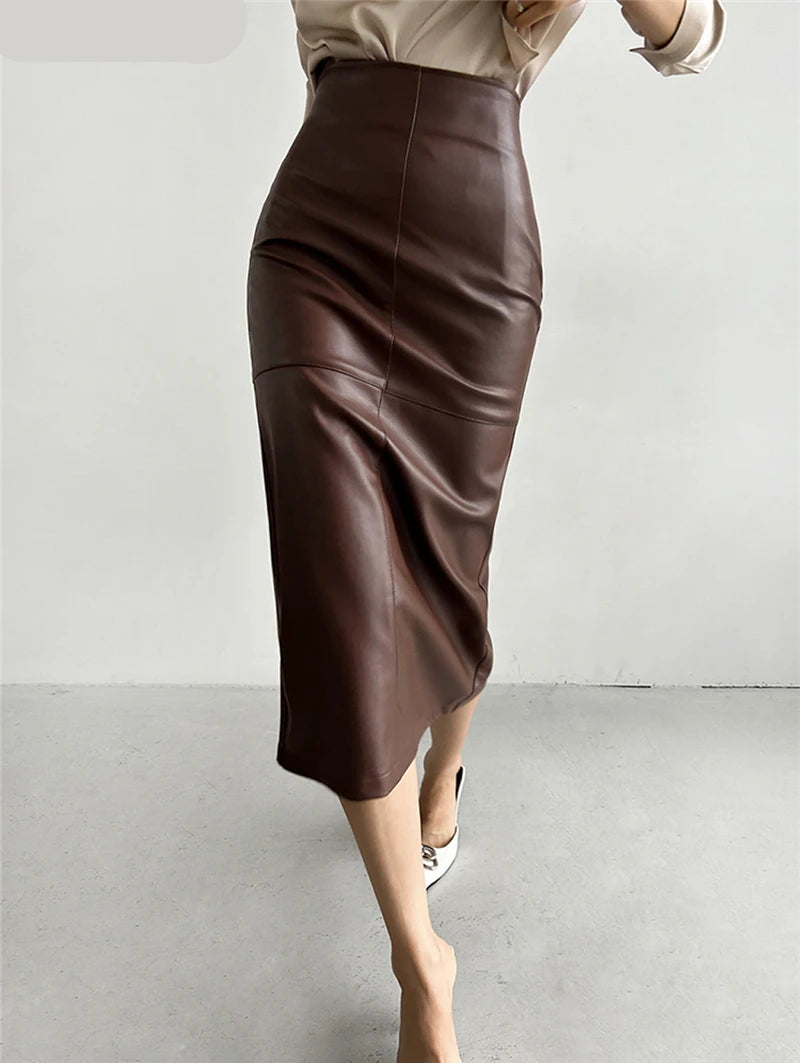 Sleek and modern outfit featuring the mid PU leather skirt
