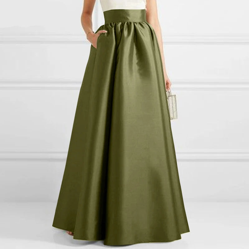 Elegant High Waist Solid A-line Maxi Skirt worn with flats
