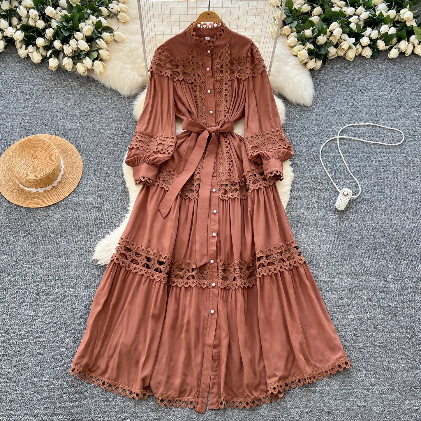 Elegant Hollow Out Hook Flower Lantern Sleeves Dresses