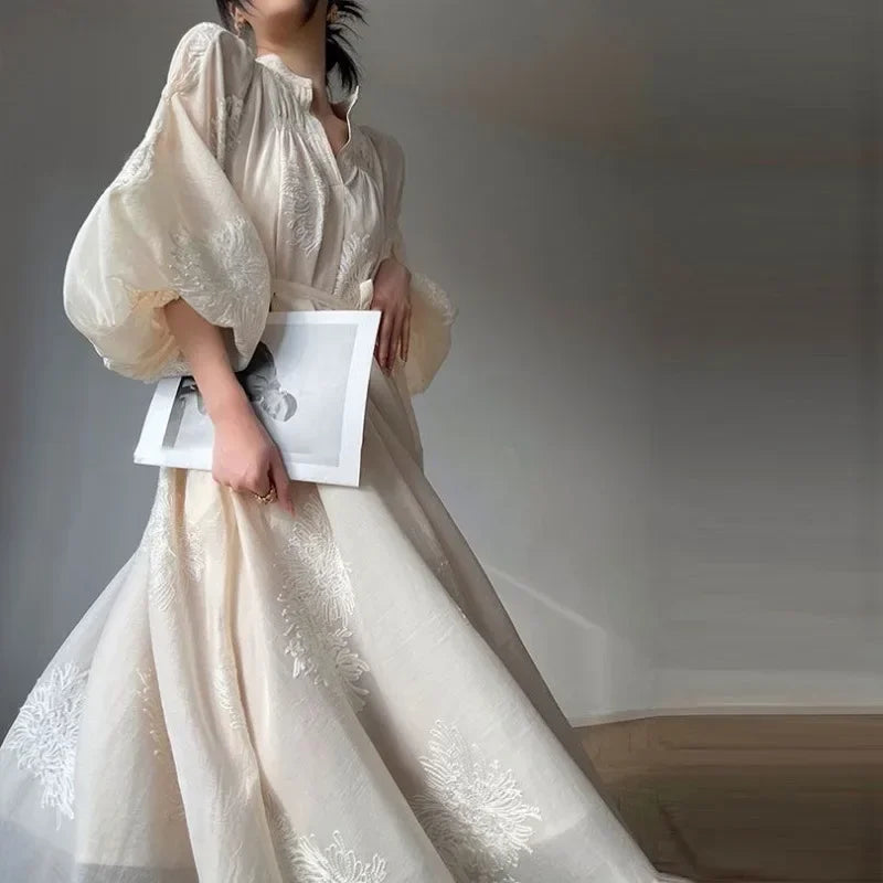 French Elegant Lantern Sleeve Embroidery Midi Dress