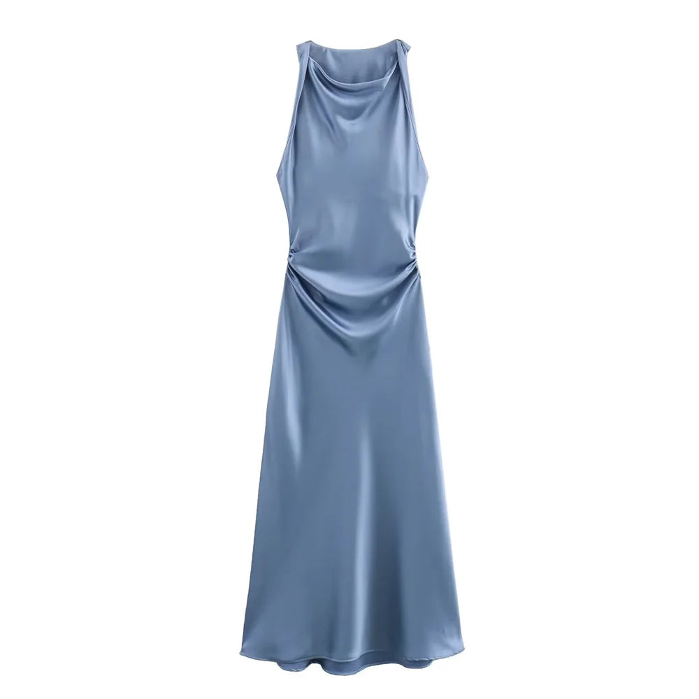 Draped satin midi dress for parties
