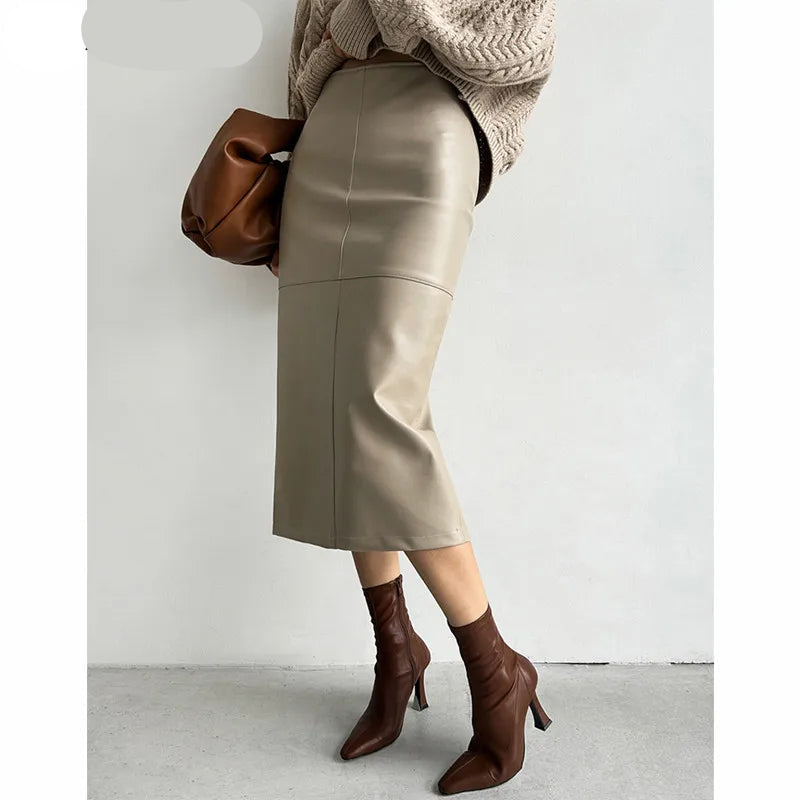 Elegant and edgy styling of the PU leather slim skirt
