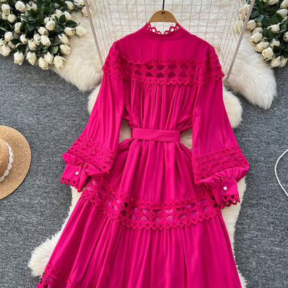 Elegant Hollow Out Hook Flower Lantern Sleeves Dresses