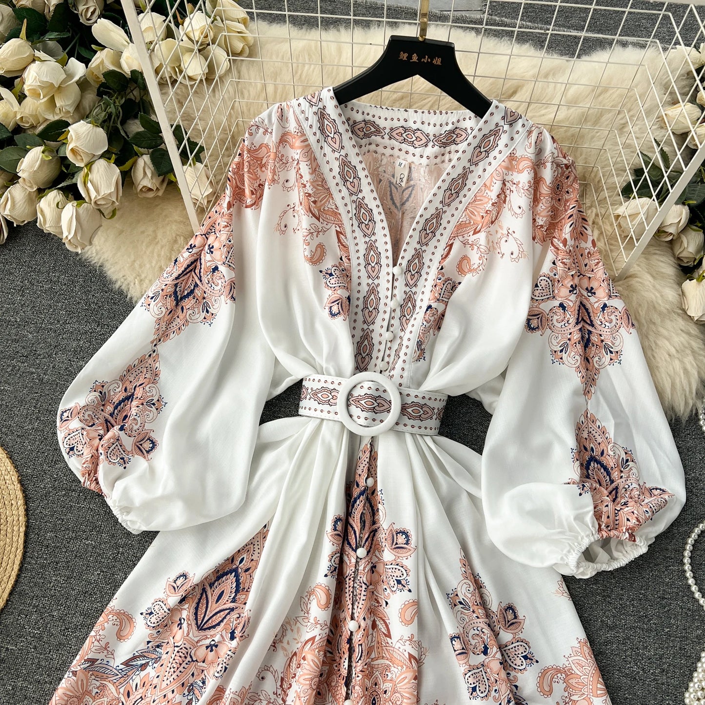 Vintage Print Elegant Lantern Long Sleeve Dress