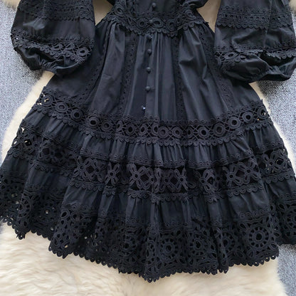 Vintage Lace Elegant V-Neck Lace Lantern Sleeve Dress