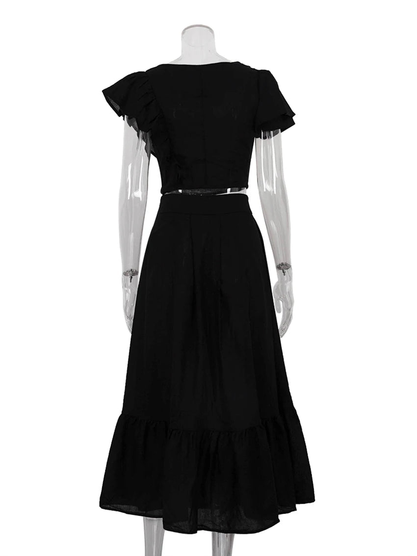 Lightweight Black Linen Ruffle Top and Skirt
