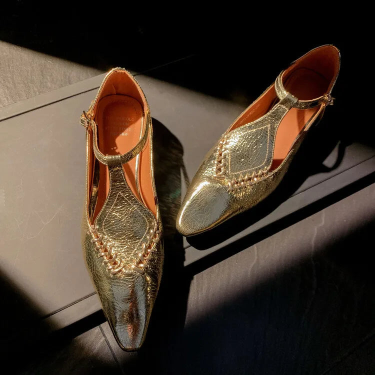 Genuine Sheepskin Gold Buckle T-strap Shoes