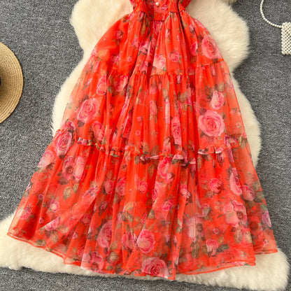 Elegant French Vintage Short Puff Sleeve Chiffon Dresses