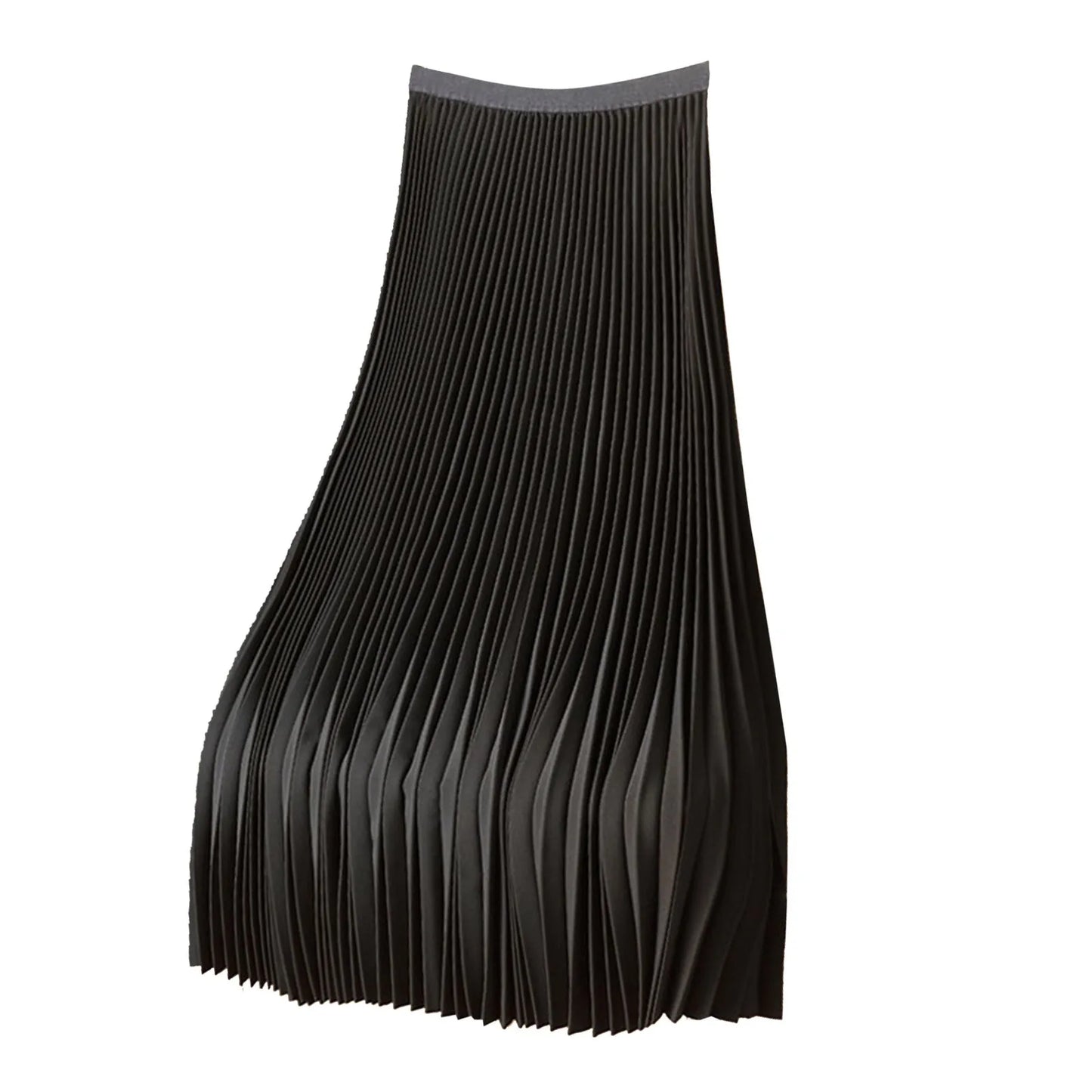 Side profile showing the flattering pleats and long flow of the skirt
