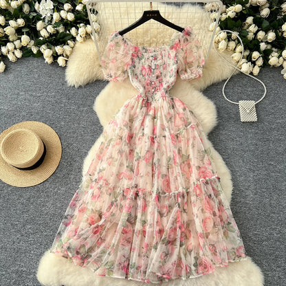 Elegant French Vintage Short Puff Sleeve Chiffon Dresses