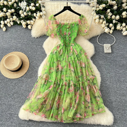 Elegant French Vintage Short Puff Sleeve Chiffon Dresses