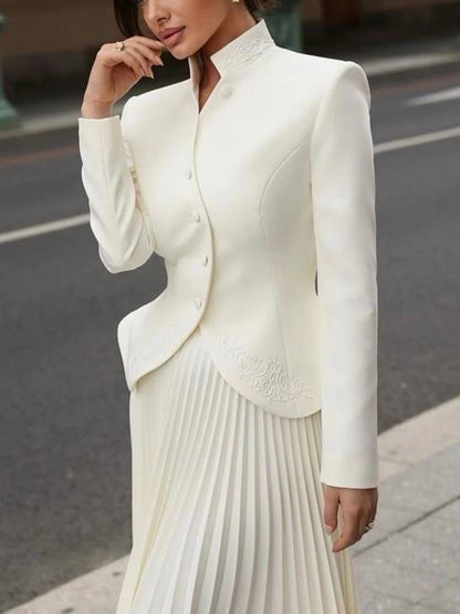 Model wearing a Buttons Long Sleeves Jacket Prom Dress in white