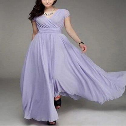 The elegant and flowing fit of the Short-Sleeved Chiffon Evening Dress.
