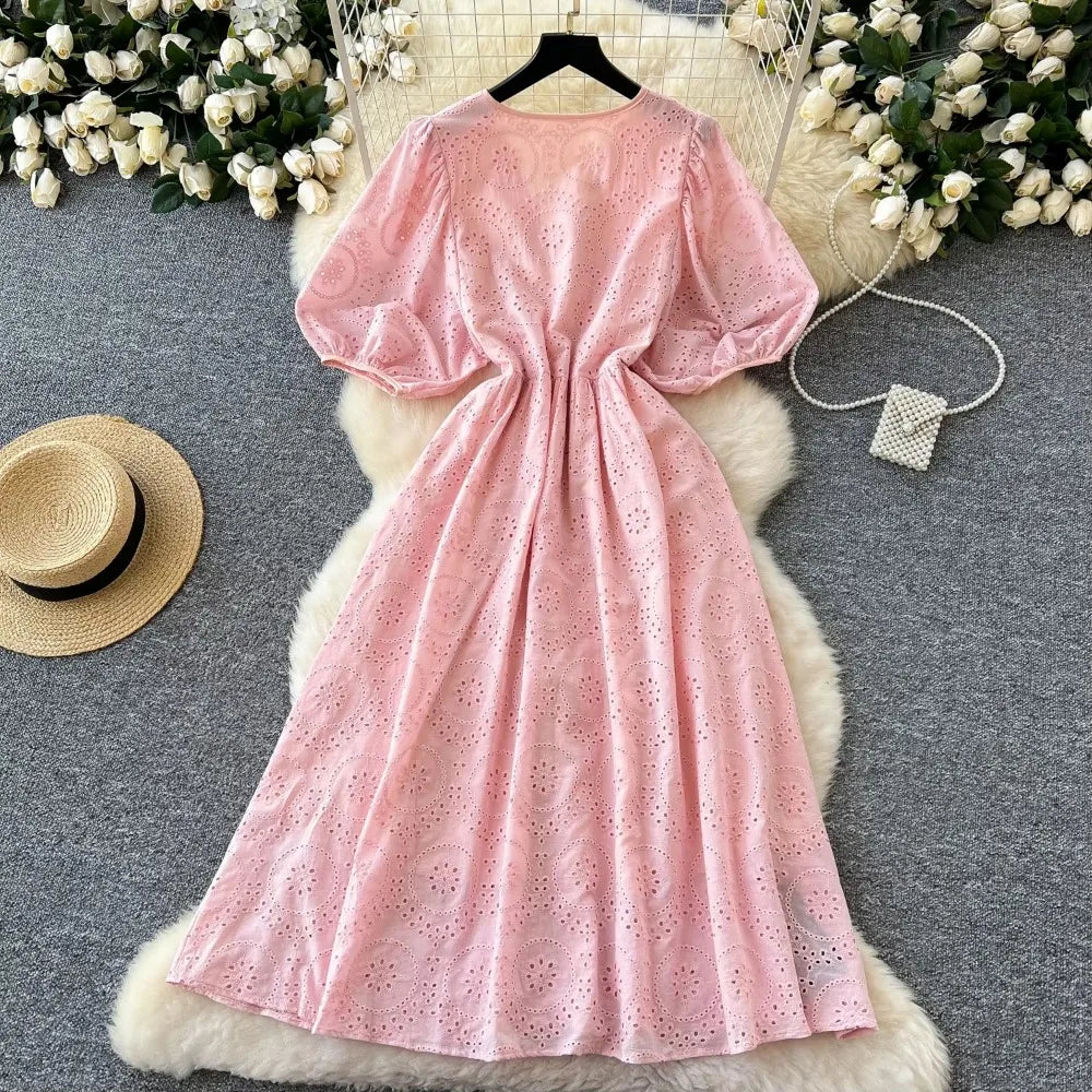 Elegant French Embroidered Vintage Pink Dress