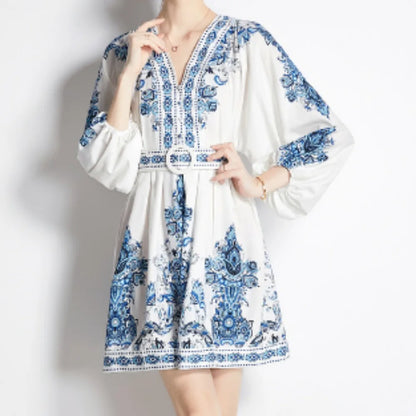 Vintage Print Elegant Lantern Long Sleeve Dress