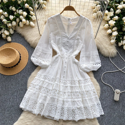 Vintage Lace Elegant V-Neck Lace Lantern Sleeve Dress