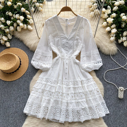 Vintage Lace Elegant V-Neck Lace Lantern Sleeve Dress