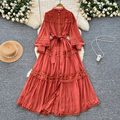 Elegant Hollow Out Hook Flower Lantern Sleeves Dresses