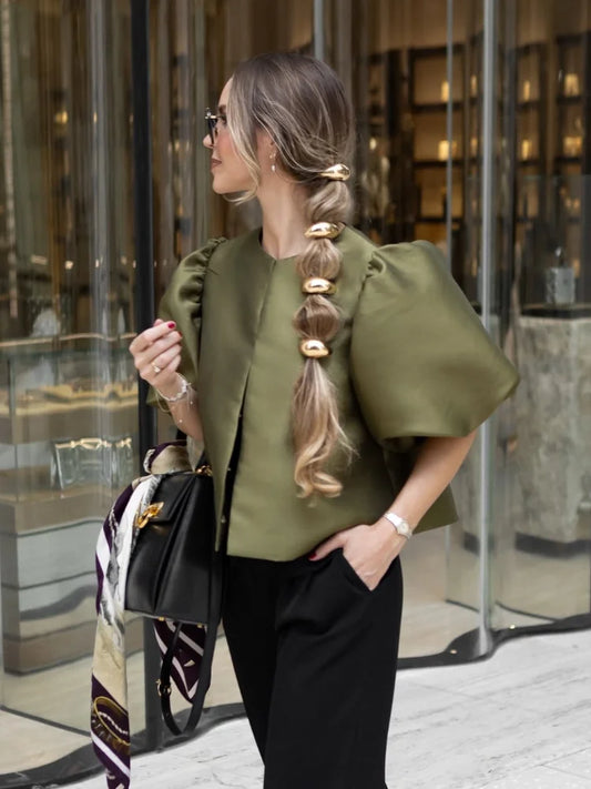 Elegant O-neck Single Breasted Puff Sleeve Blouse