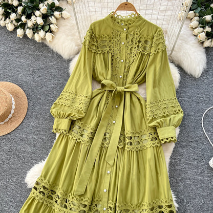 Elegant Hollow Out Hook Flower Lantern Sleeves Dresses