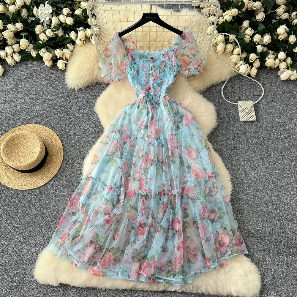 Elegant French Vintage Short Puff Sleeve Chiffon Dresses