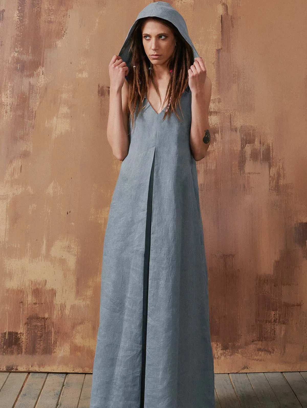 Full-length view of hooded maxi dress
