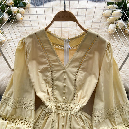 Vintage Lace Elegant V-Neck Lace Lantern Sleeve Dress