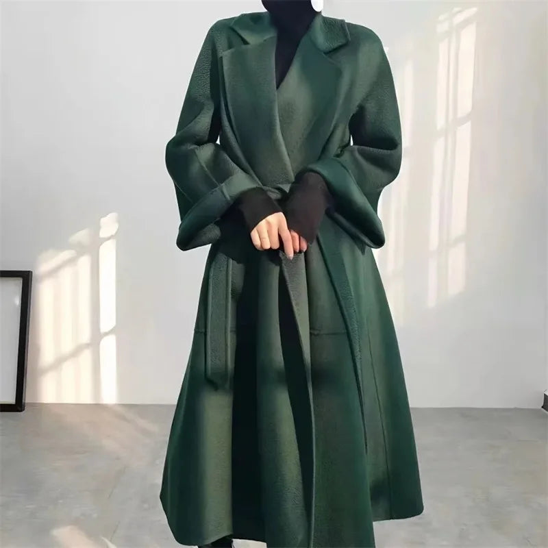 Full-length view of the Women Long Loose Water Ripple Wool coat.