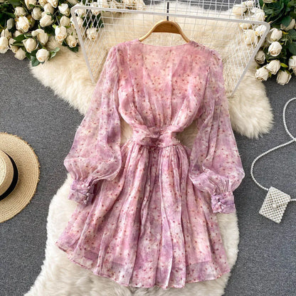 Vintage Floral Print Pleated Chiffon Puff Sleeve Dress