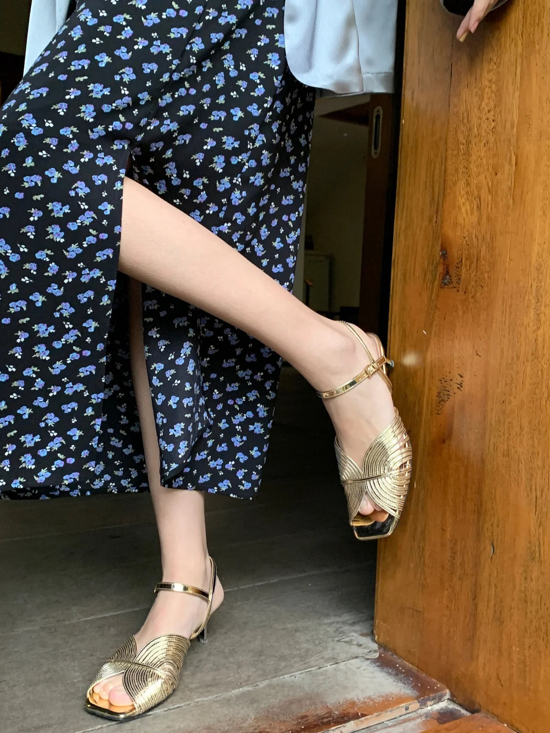 Summer Gold Open Toe Flats with Low Heel